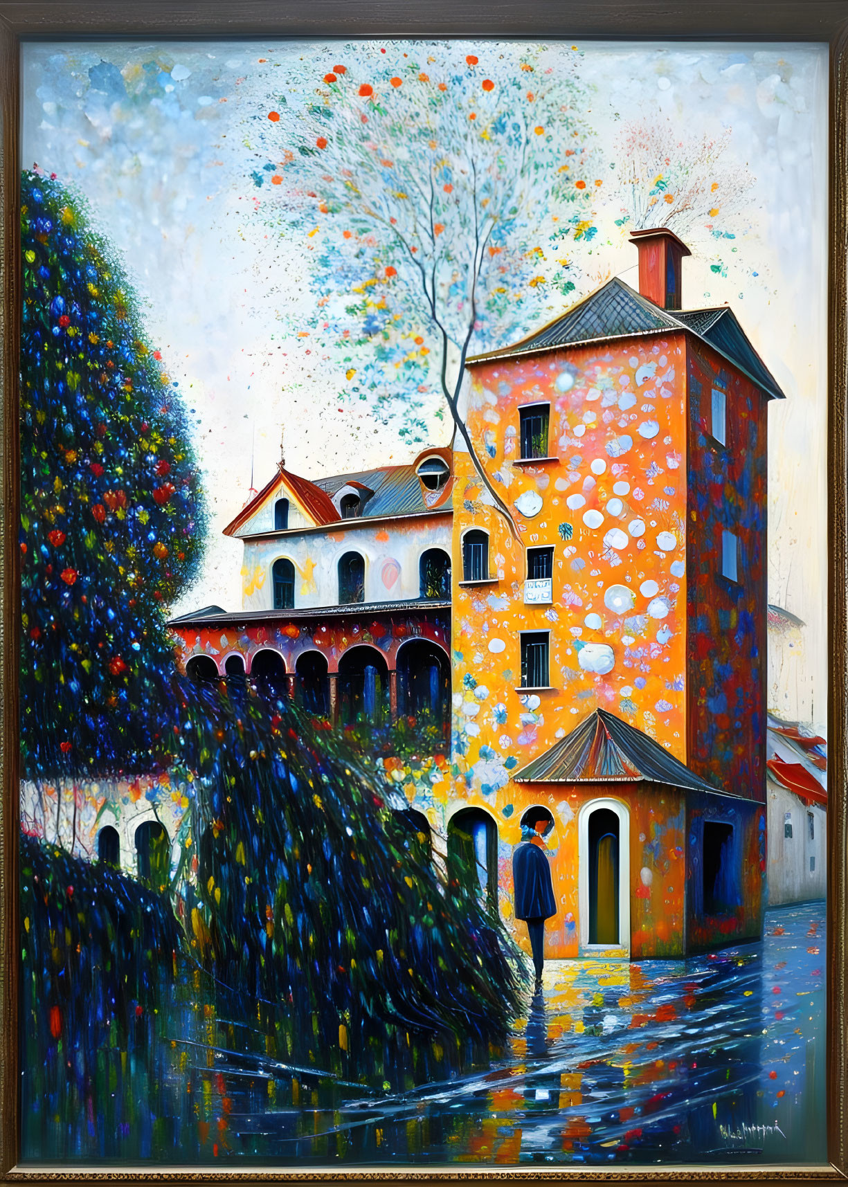 Vibrant painting of multi-story house and trees with circular patterns under blue sky