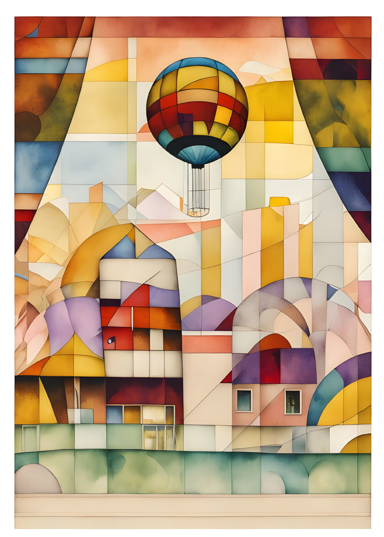 Abstract Landscape Artwork with Geometric Shapes and Hot Air Balloon