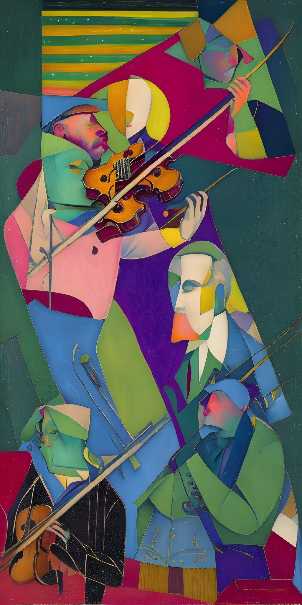 Vibrant Abstract Painting of Three Violinists in Geometric Setting