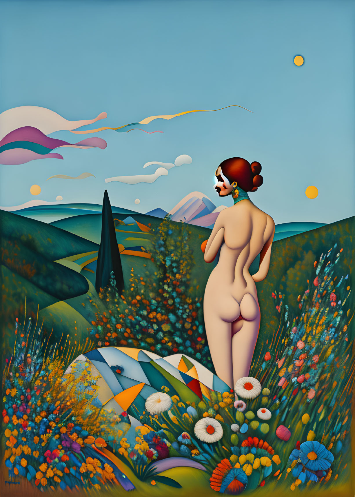 Colorful Stylized Painting of Nude Woman in Vibrant Meadow