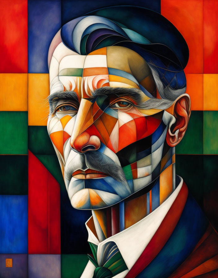 Vibrant Cubist-style portrait of a segmented man's face