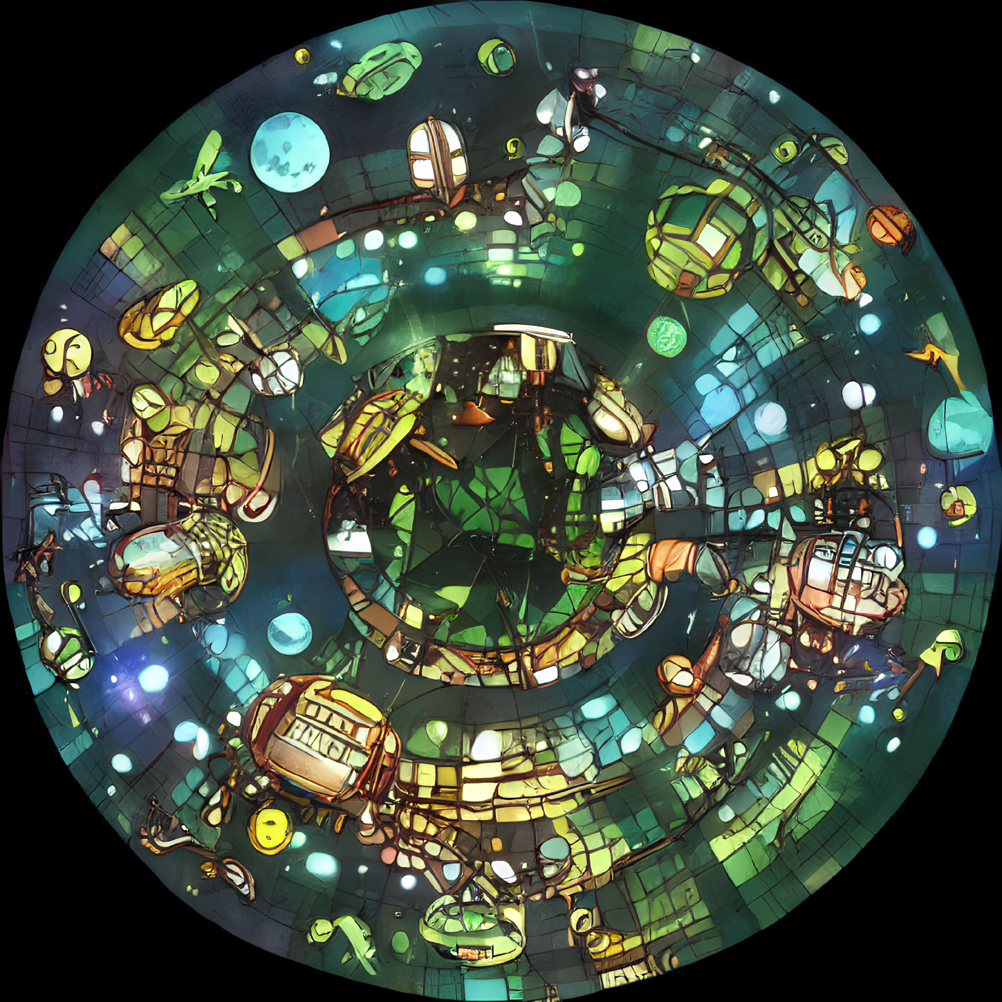 Colorful Circular Fisheye View of Futuristic Cityscape