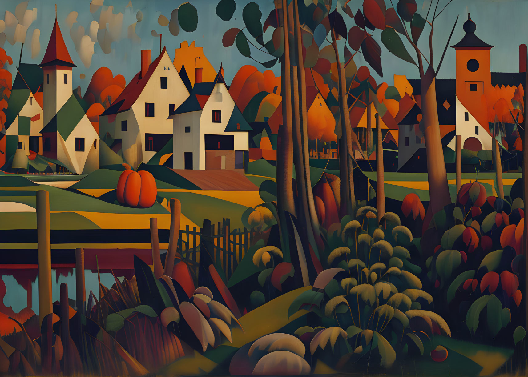 Whimsical autumn landscape with vibrant trees and quaint village