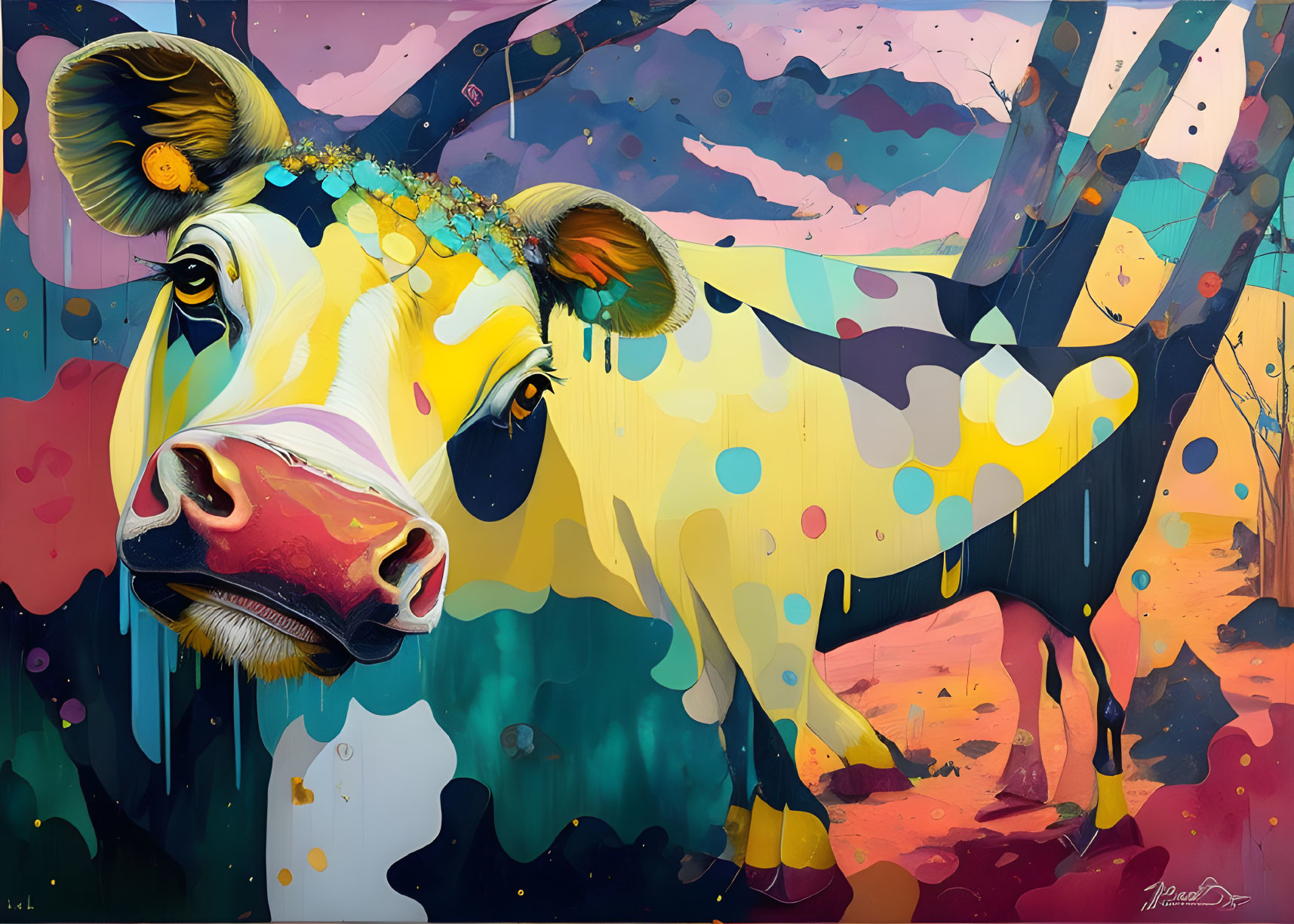 Colorful Abstract Cow Painting in Dreamlike Landscape