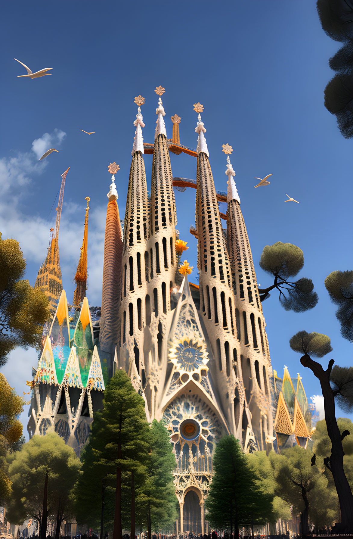 Sunlit Sagrada Familia Basilica Facade and Spires with Trees and Birds