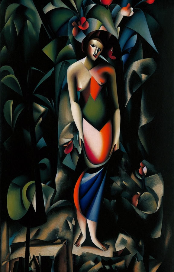 Vibrant artwork featuring woman surrounded by abstract flora in green, blue, and red hues