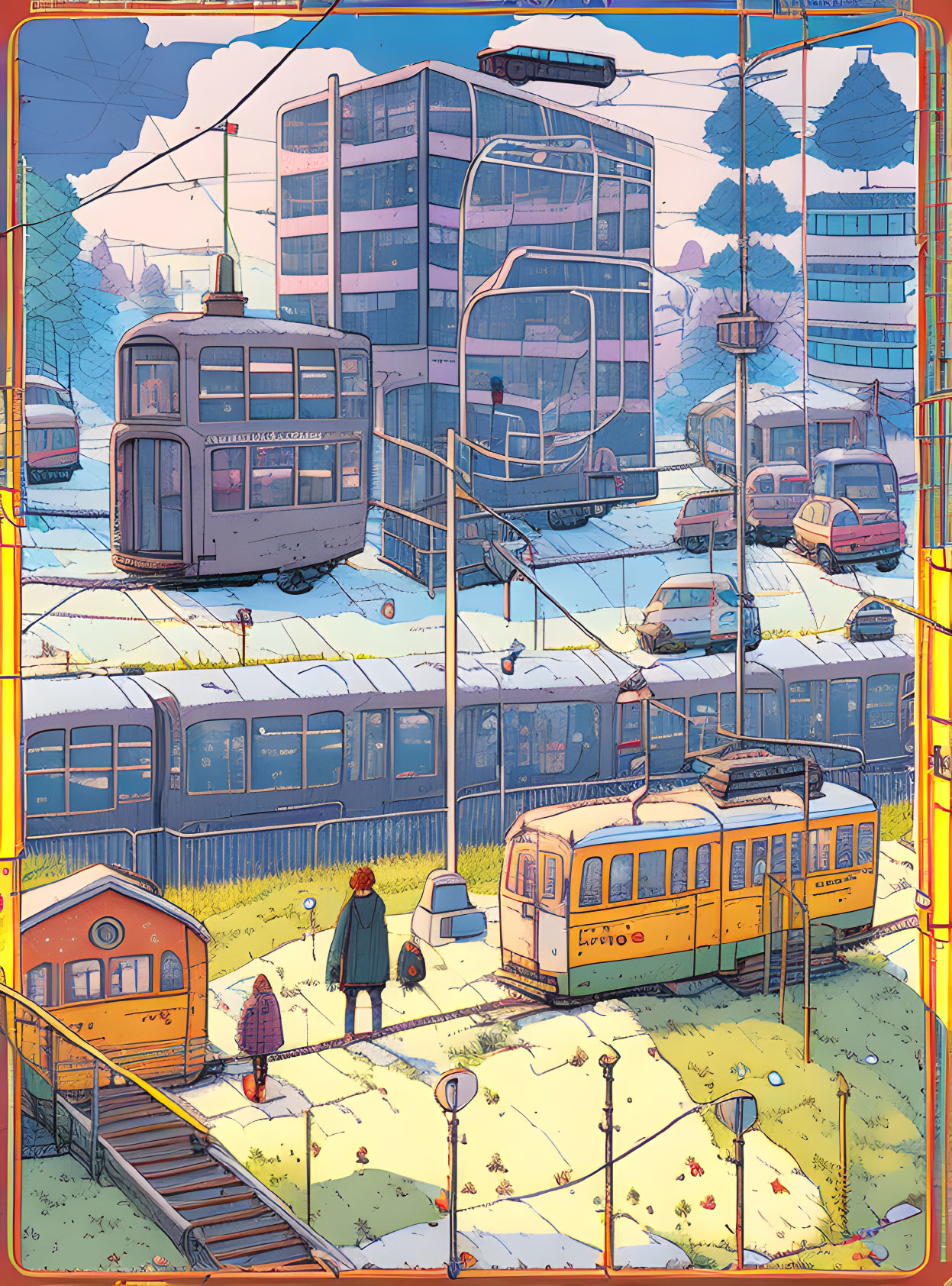 Colorful cityscape with trams, train, cars, and pedestrians under a clear sunset sky