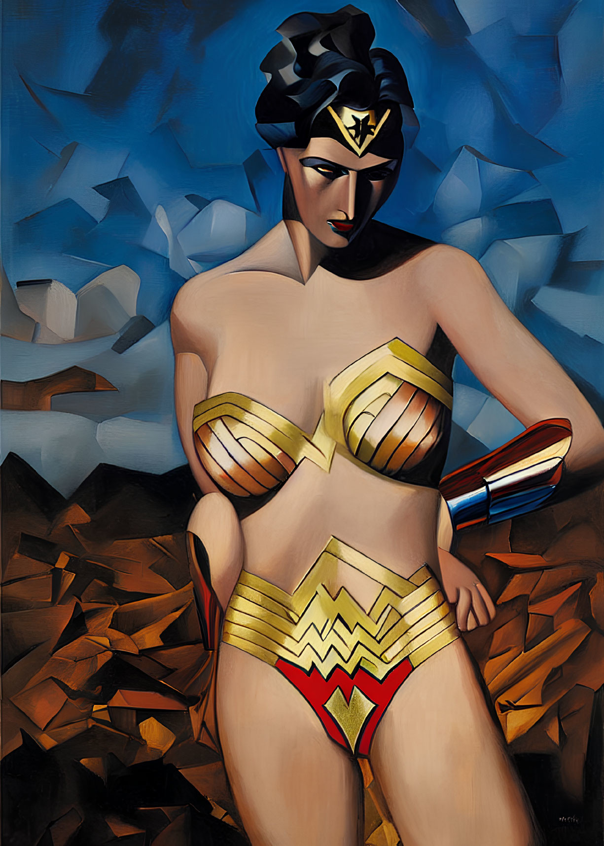 Cubist-style painting of a female superhero with tiara, bracelets, and lasso on blue