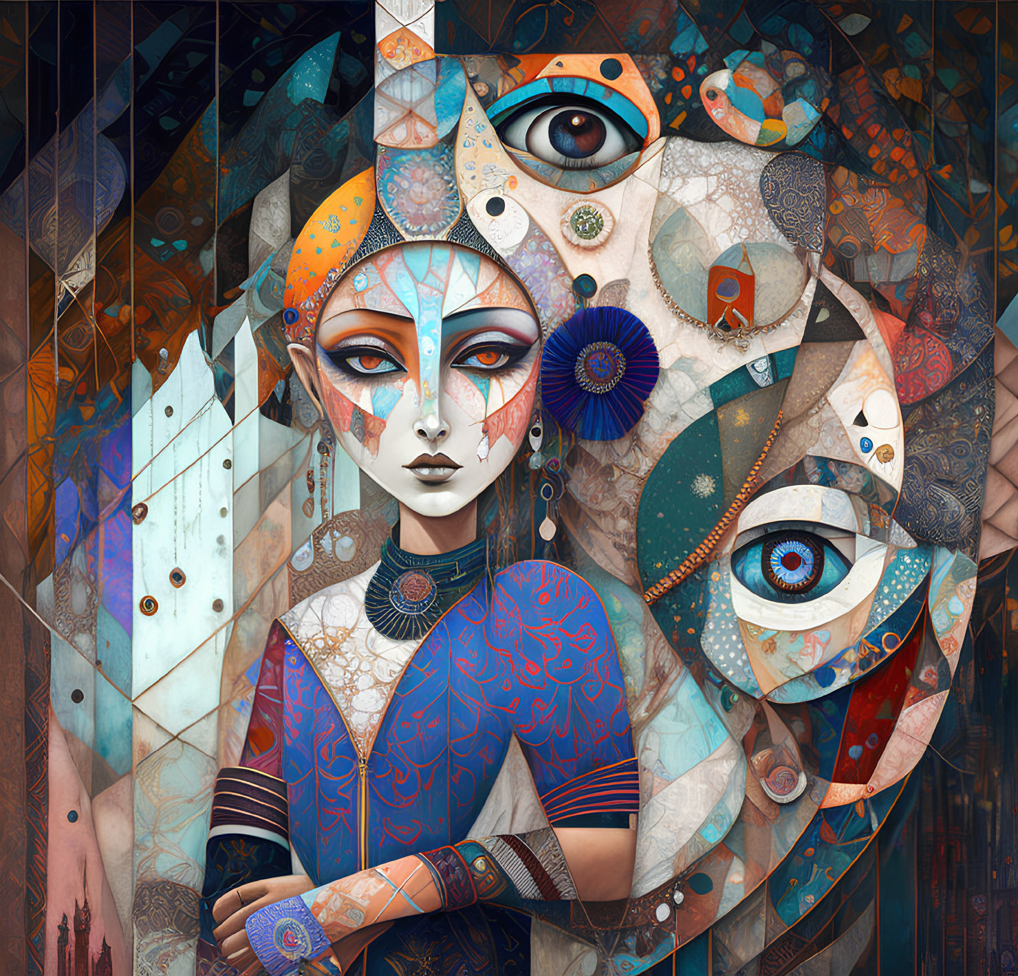 Stylized digital artwork of a woman with multiple eyes