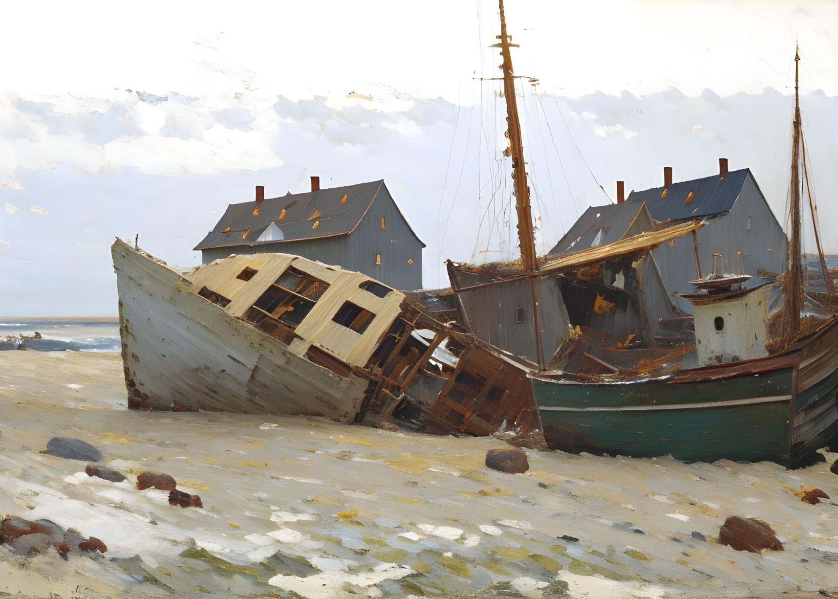 Coastal scene painting: beached boats, cloudy sky, pebbles, houses.