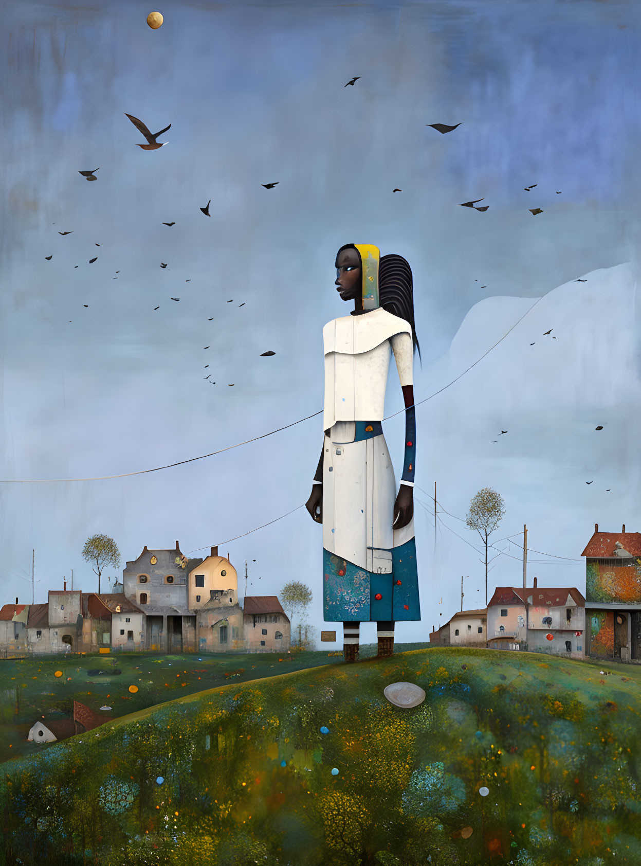 Giant woman in surreal field overlooking village with birds