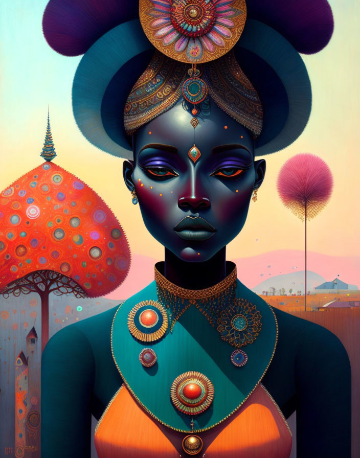 Stylized blue-skinned woman with intricate golden jewelry in surreal landscape