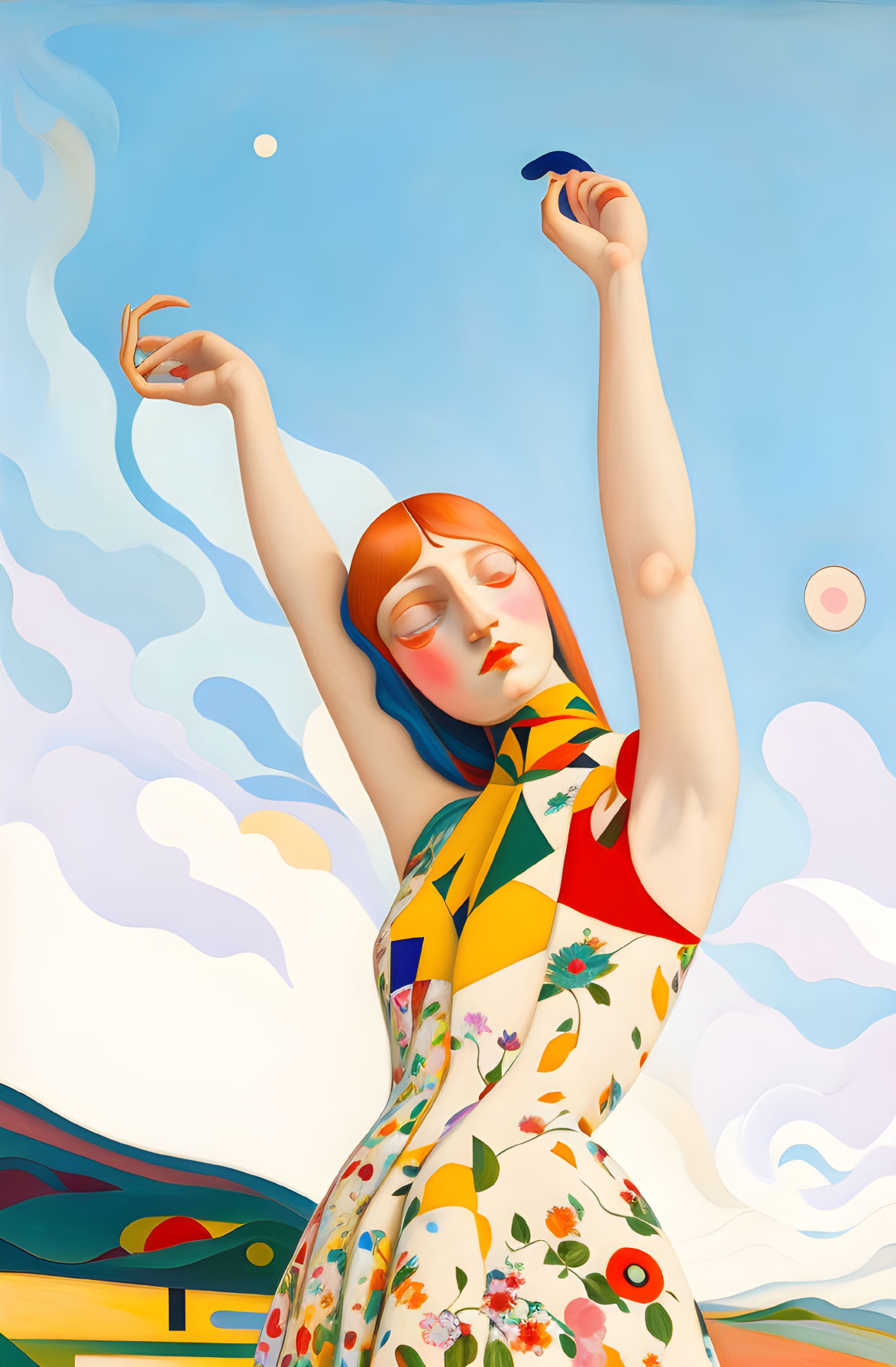 Vibrant surreal painting of woman stretching with celestial background