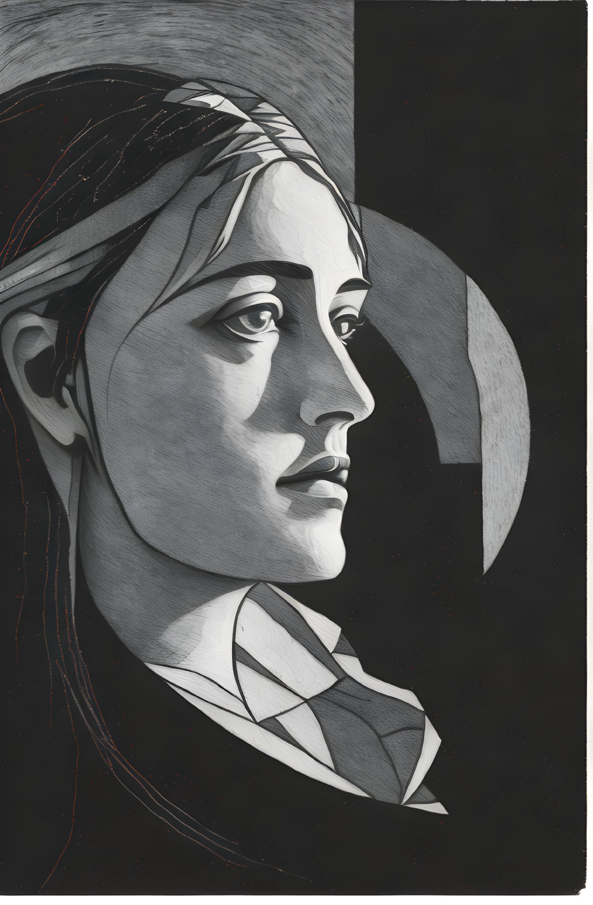 Monochrome illustration of contemplative woman with stylized shading.