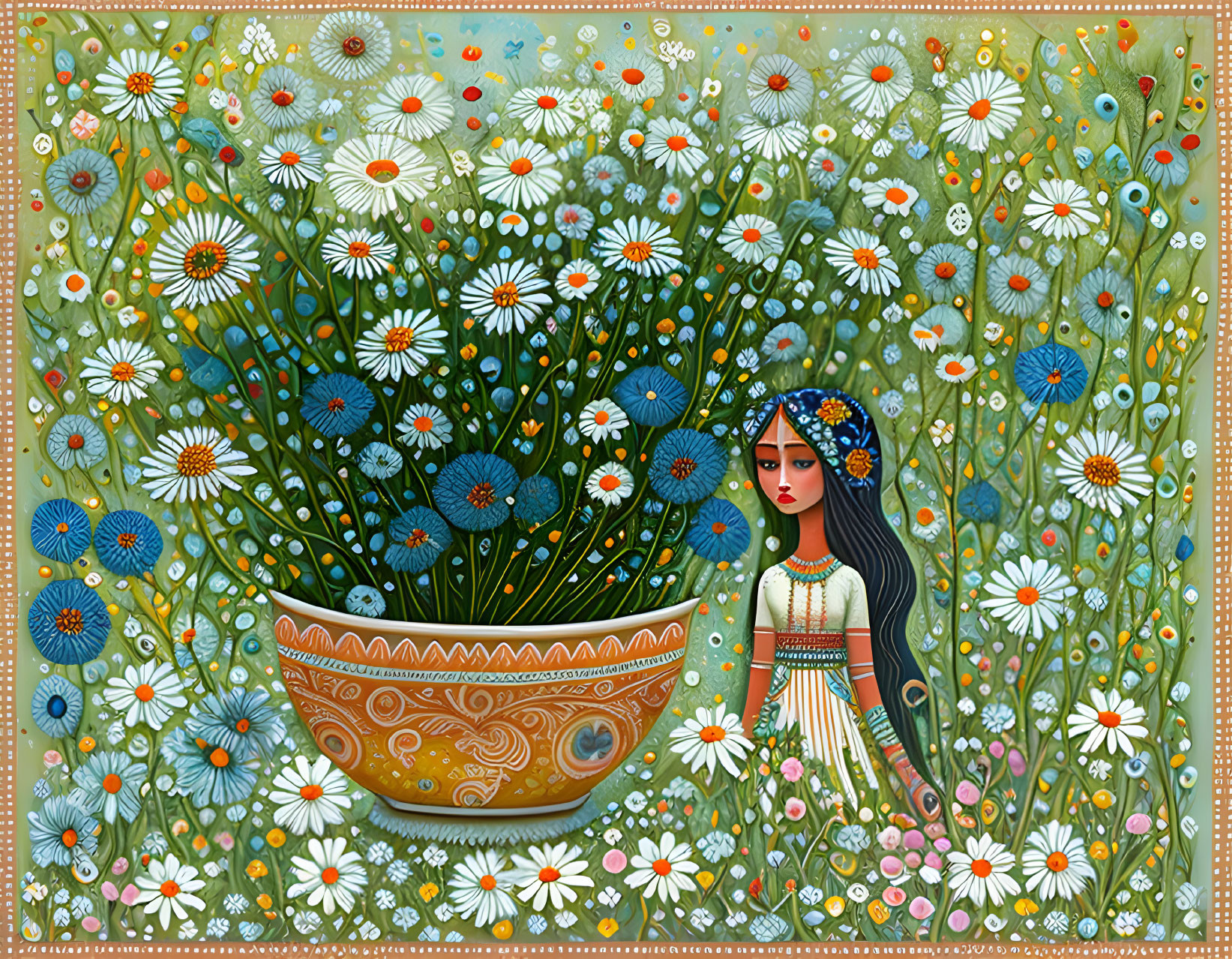 Colorful Illustration of Woman with Floral Headband in Flower Field