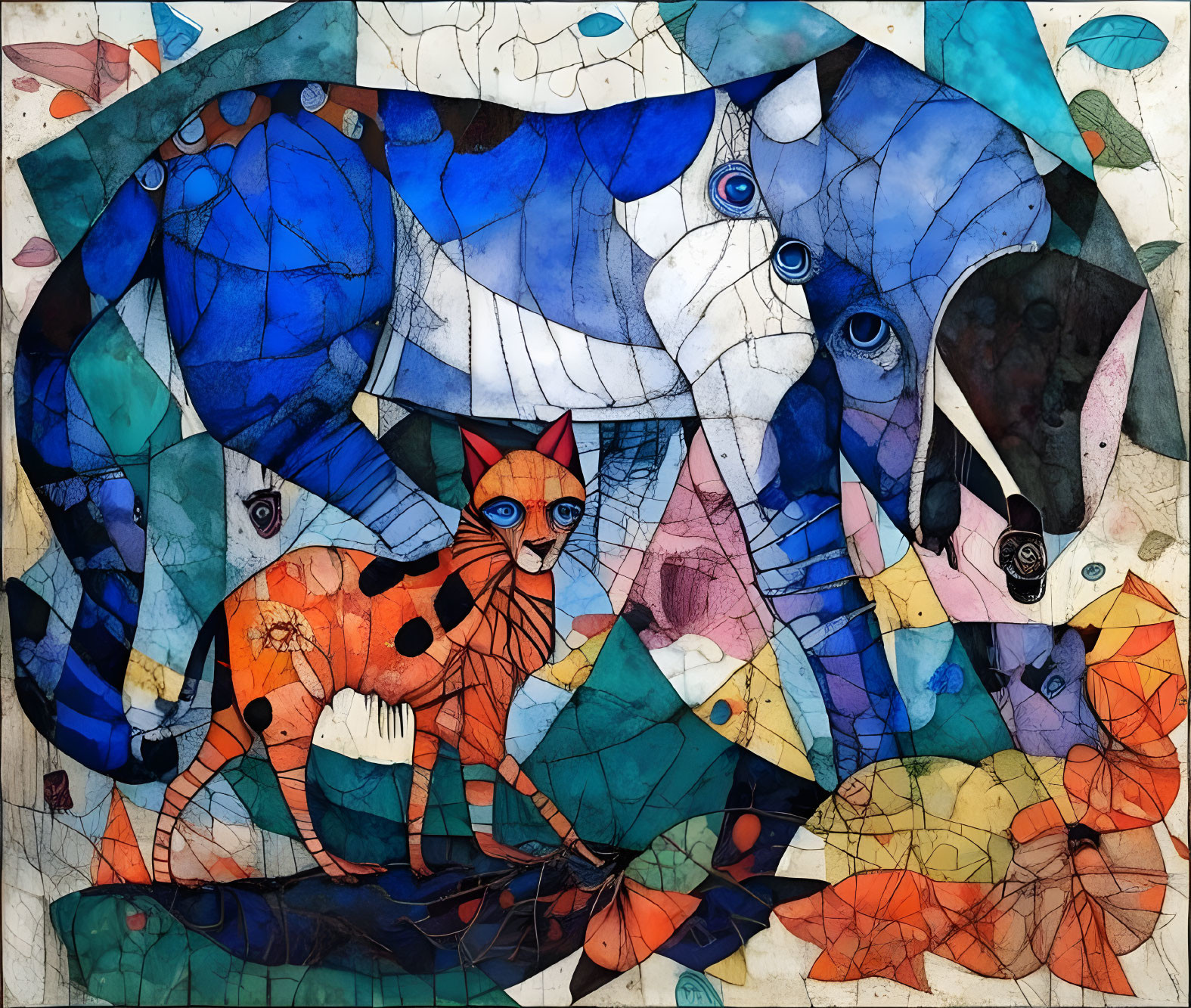 Colorful Elephant and Cat Mosaic Art with Geometric Shapes and Leaf Patterns