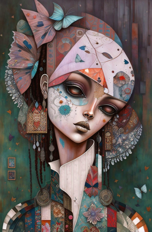 Geometric and floral surreal portrait with butterflies and jewelry