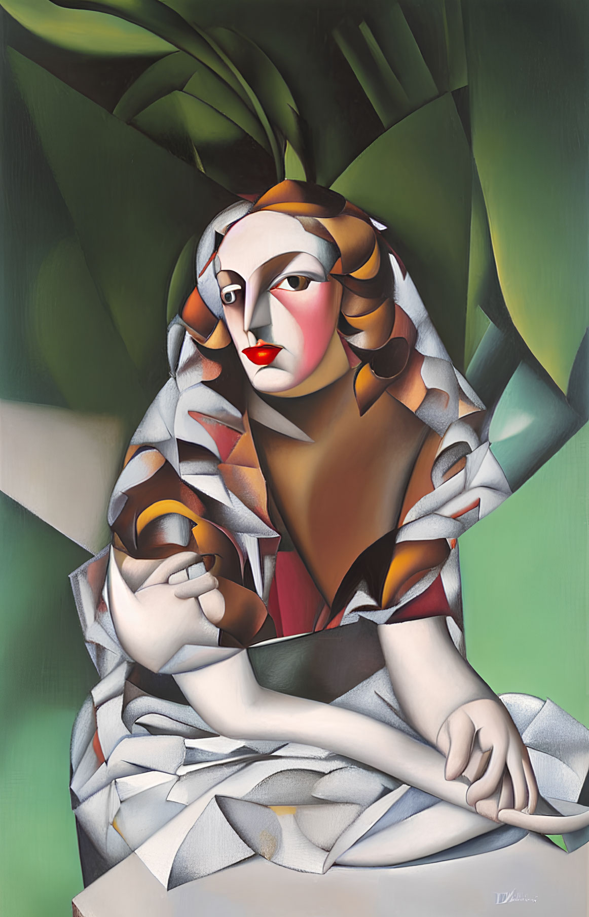 Cubist style painting of woman with geometric features and patterned shawl.