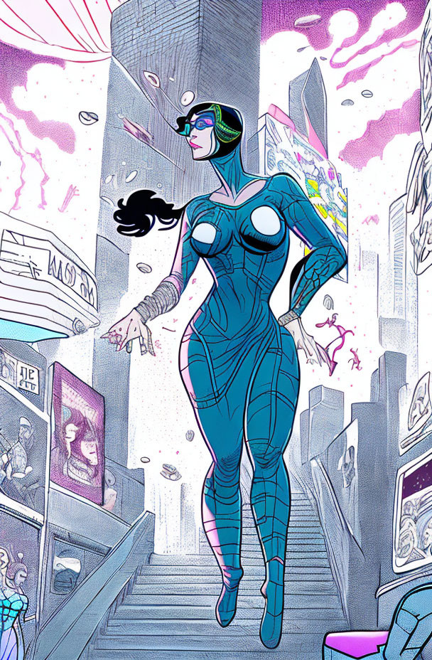 Female superhero in sleek blue costume and black hair, standing in dynamic cityscape with swirling pink clouds.