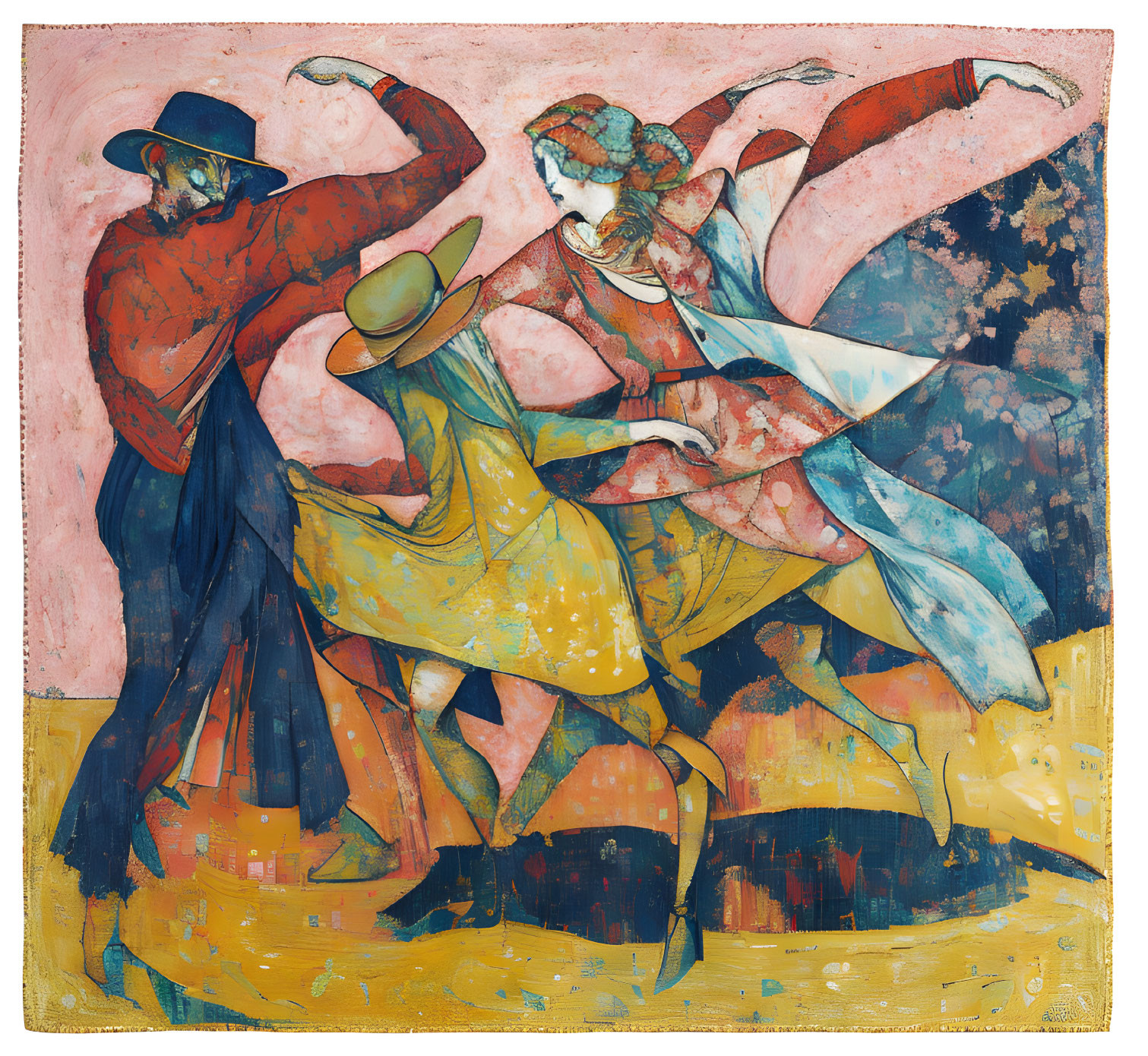 Vibrant painting of three figures dancing energetically