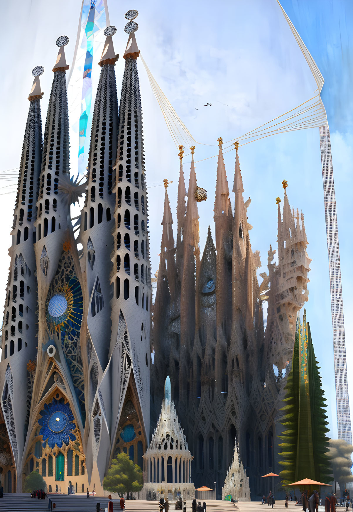 Architectural masterpiece: Sagrada Familia with spires, intricate facades, fantasy sky