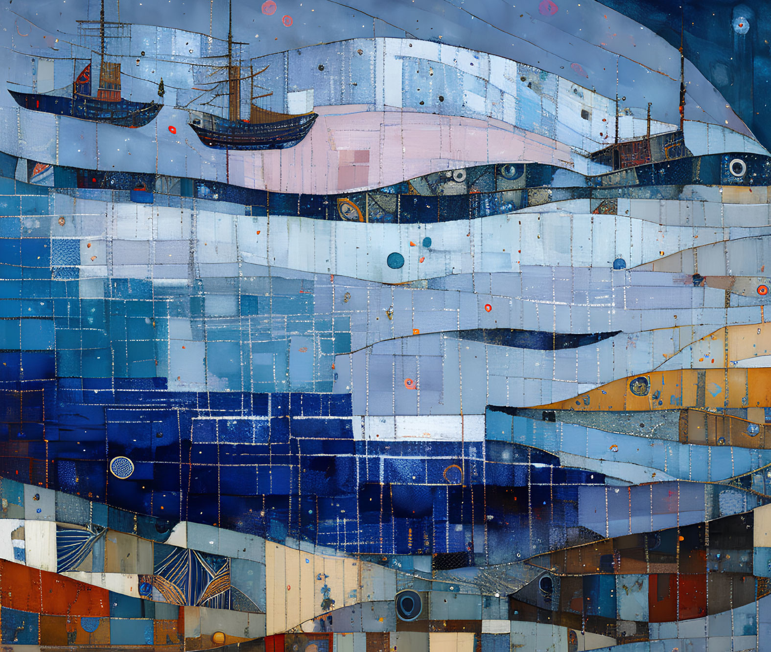 Mosaic Artwork: Fleet of Ships on Wavy Sea with Abstract Face Waves