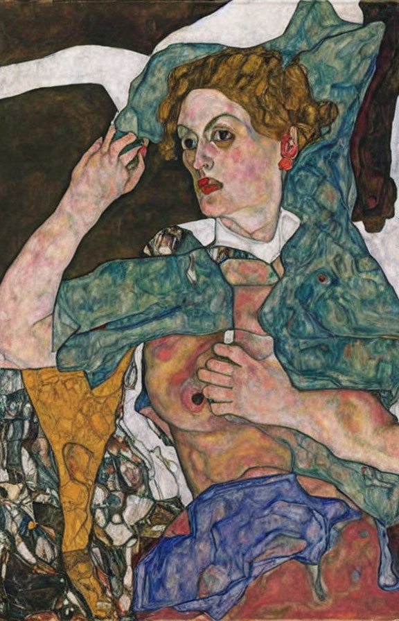 Colorful Expressionist Painting of Woman Revealing Breast