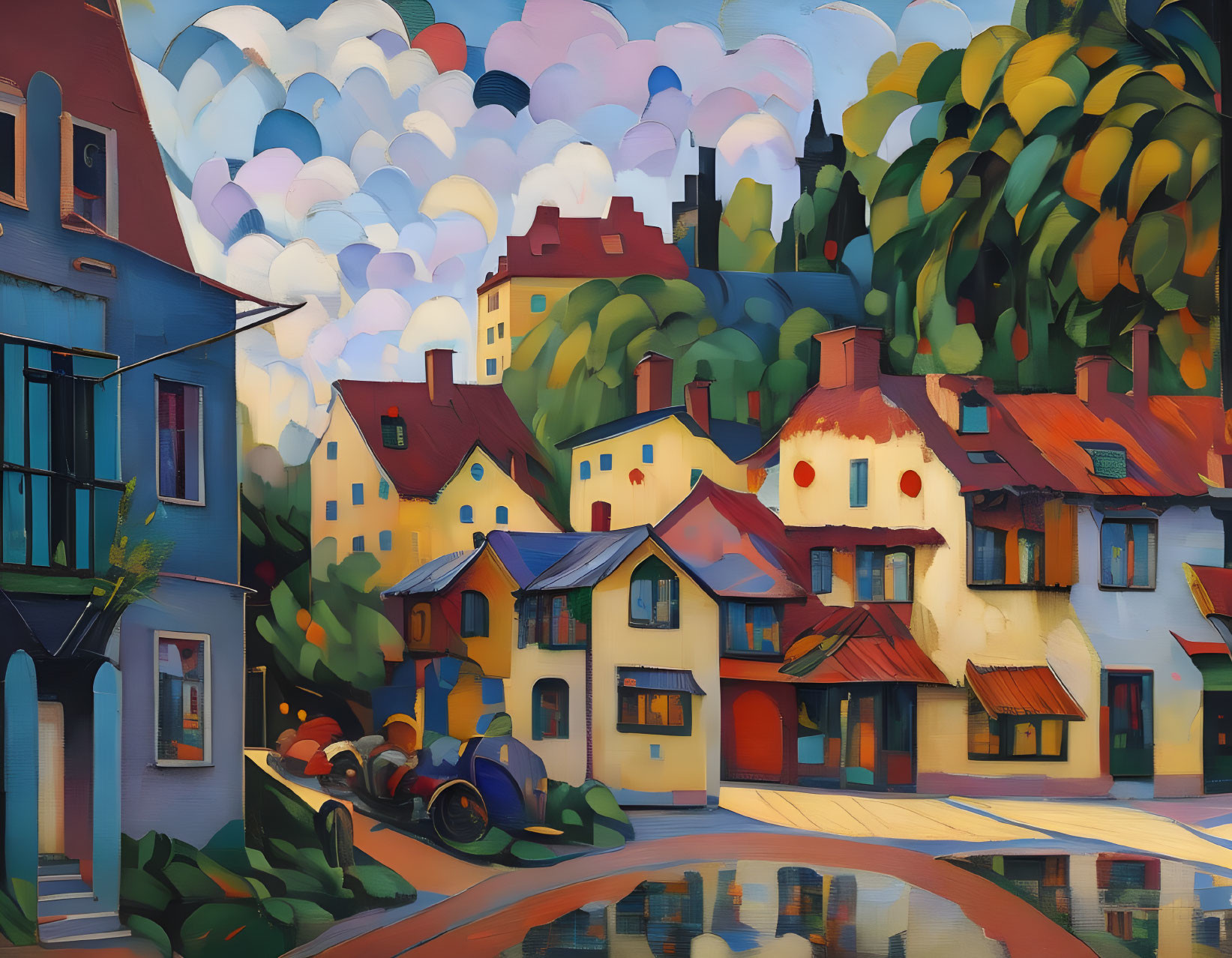 Vibrant painting of quaint village with classic car and rolling hills