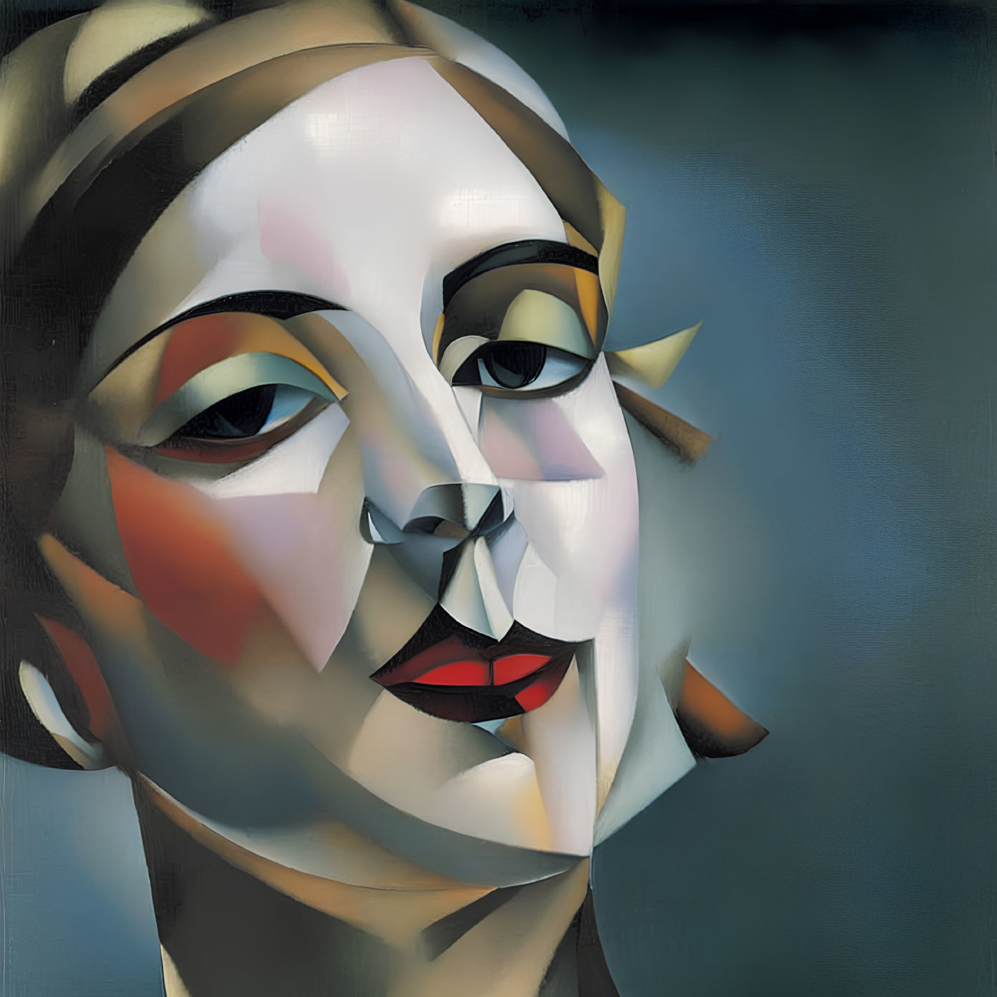 Abstract portrait of a woman with cubist influences in soft blues, reds, and neutrals