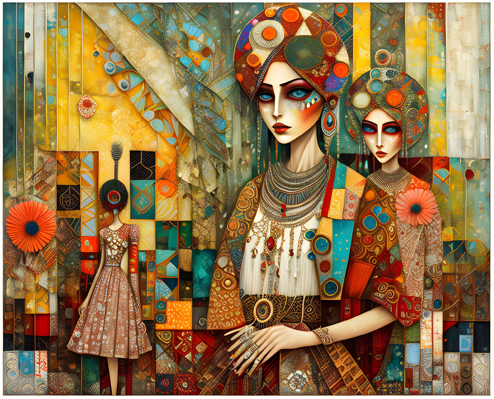 Vibrant artwork of two stylized women in ornate attire and jewelry