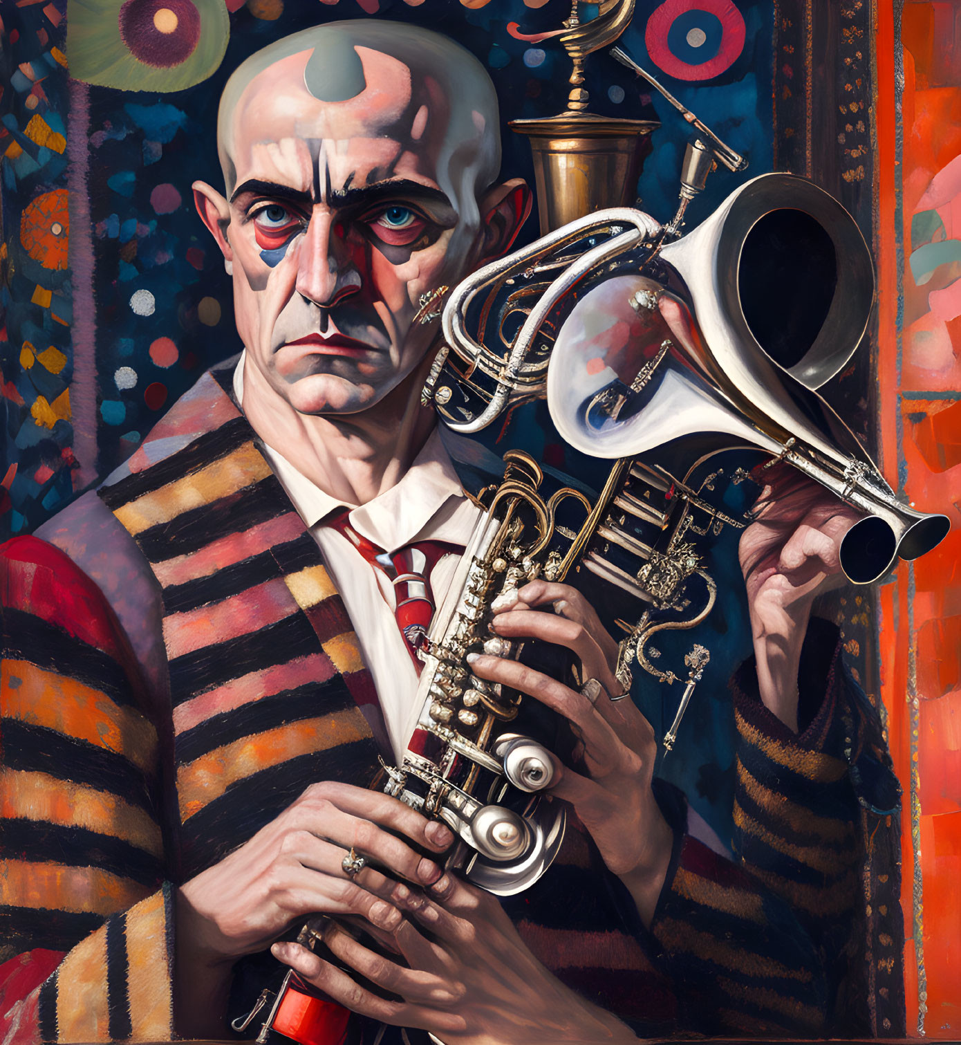 Bald Man Holding Saxophone Against Colorful Background