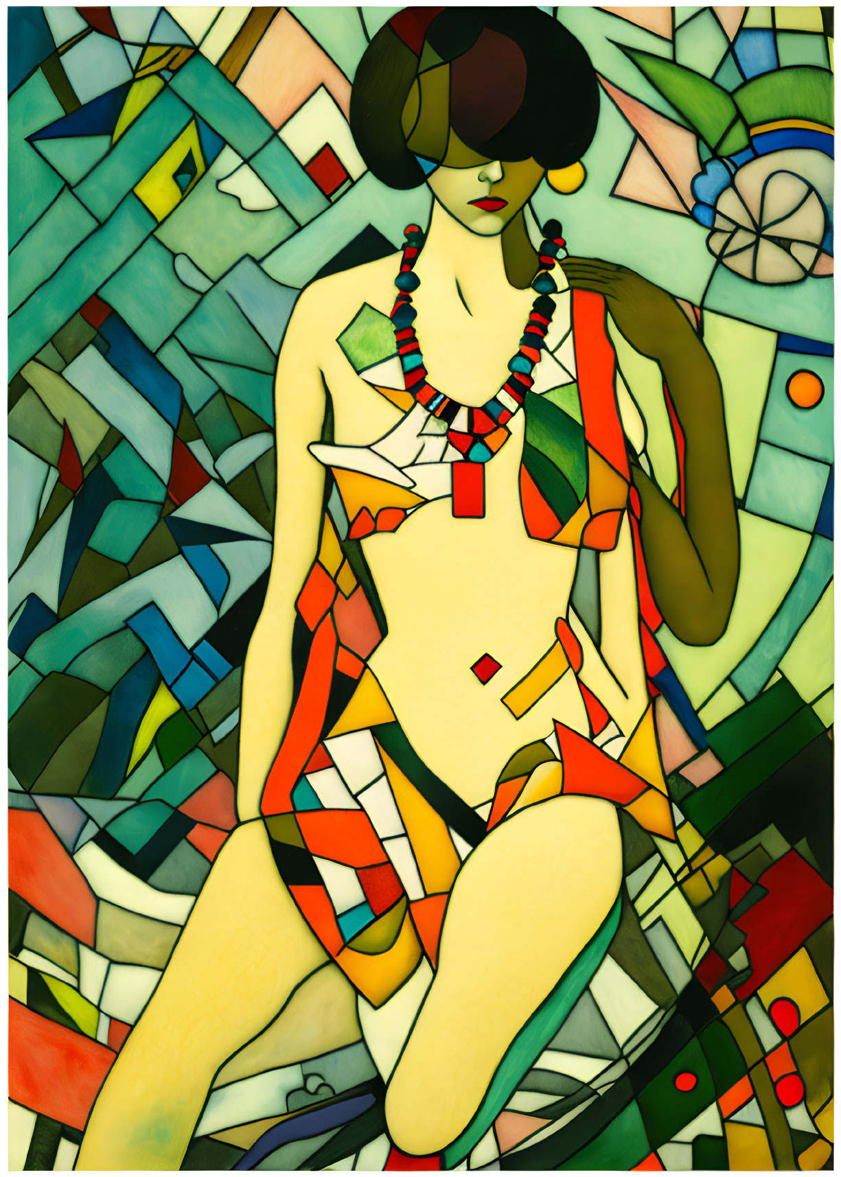 Colorful seated woman with bobbed hair against vibrant stained glass background