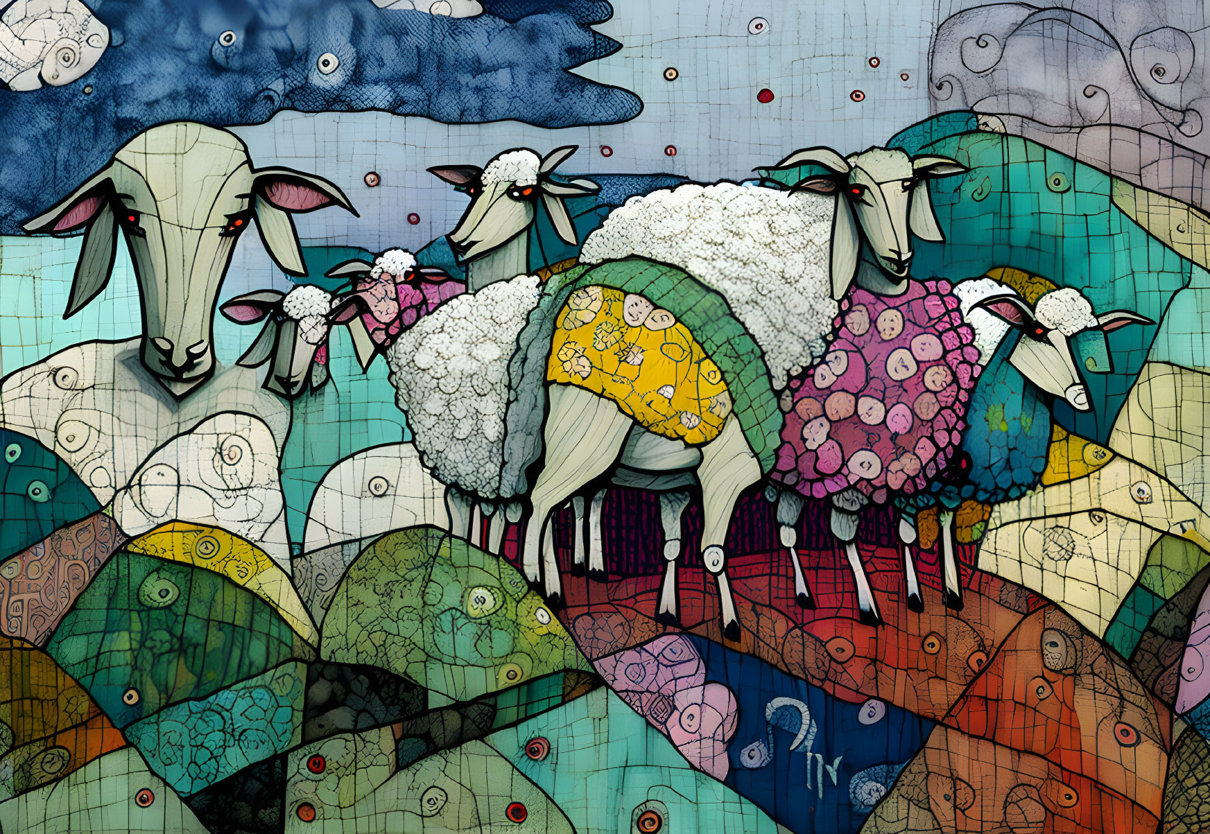 Vibrant Sheep Illustration on Patchwork Landscape