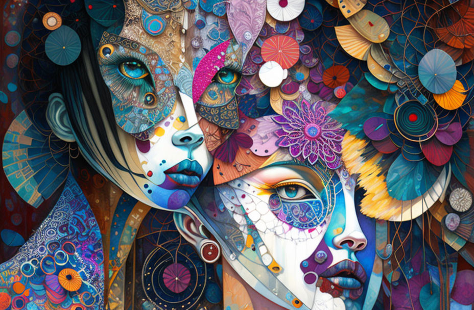 Colorful Stylized Faces with Floral and Circular Motifs in Surreal Artwork