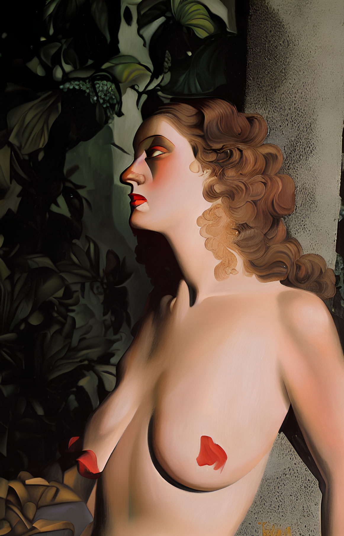 Stylized woman with curly hair and red lipstick against leafy background