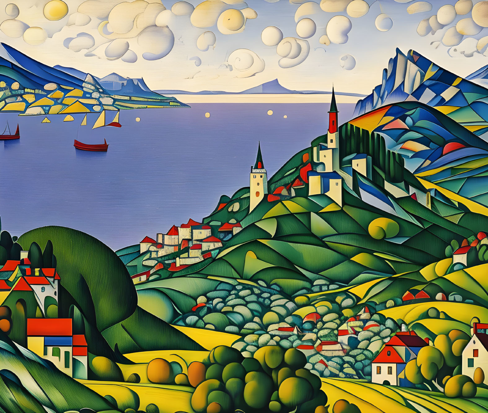 Colorful Landscape Painting with Rolling Hills, Village, Sea, Boats, and Patterned Sky