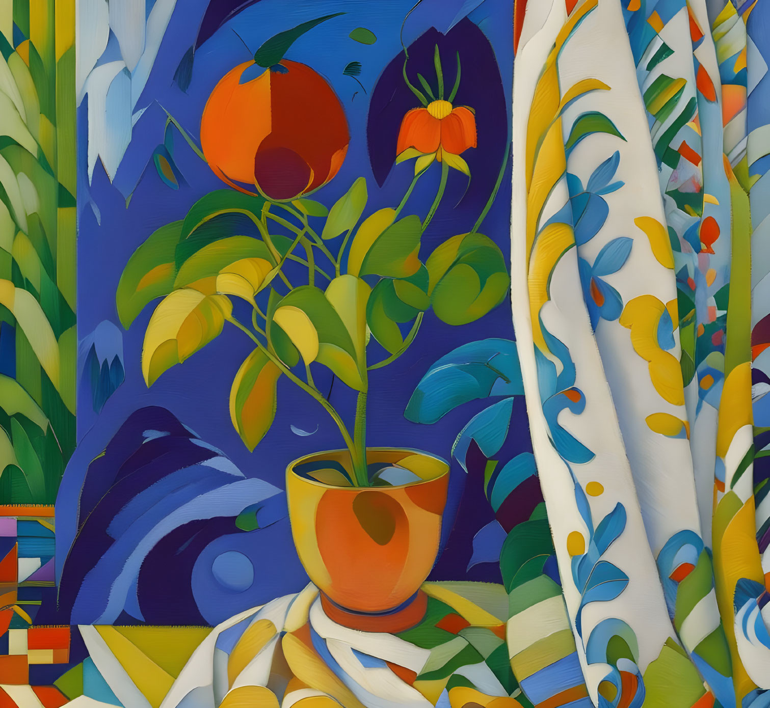 Colorful still life painting: orange pot, green plants, fruit, blue background, floral curtains