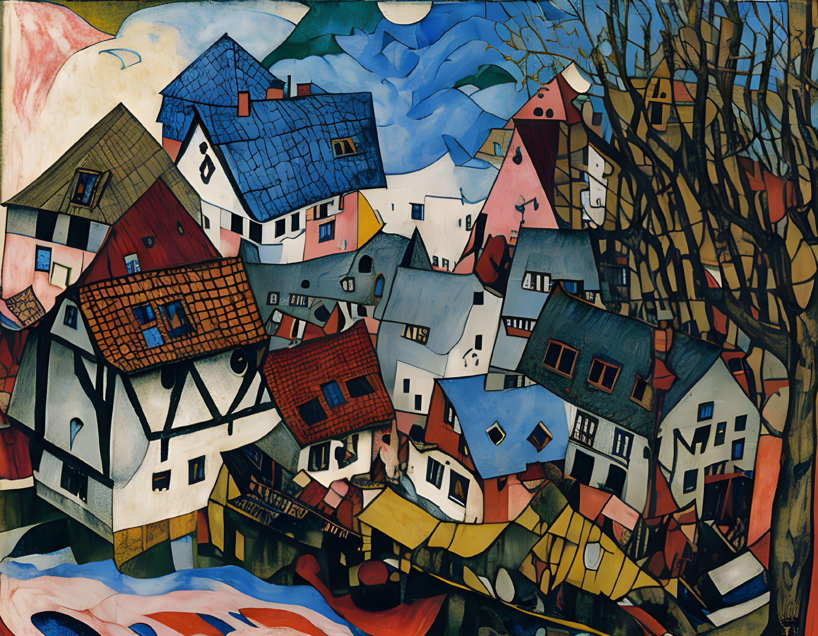 Vibrant expressionist painting of clustered houses under swirling blue sky