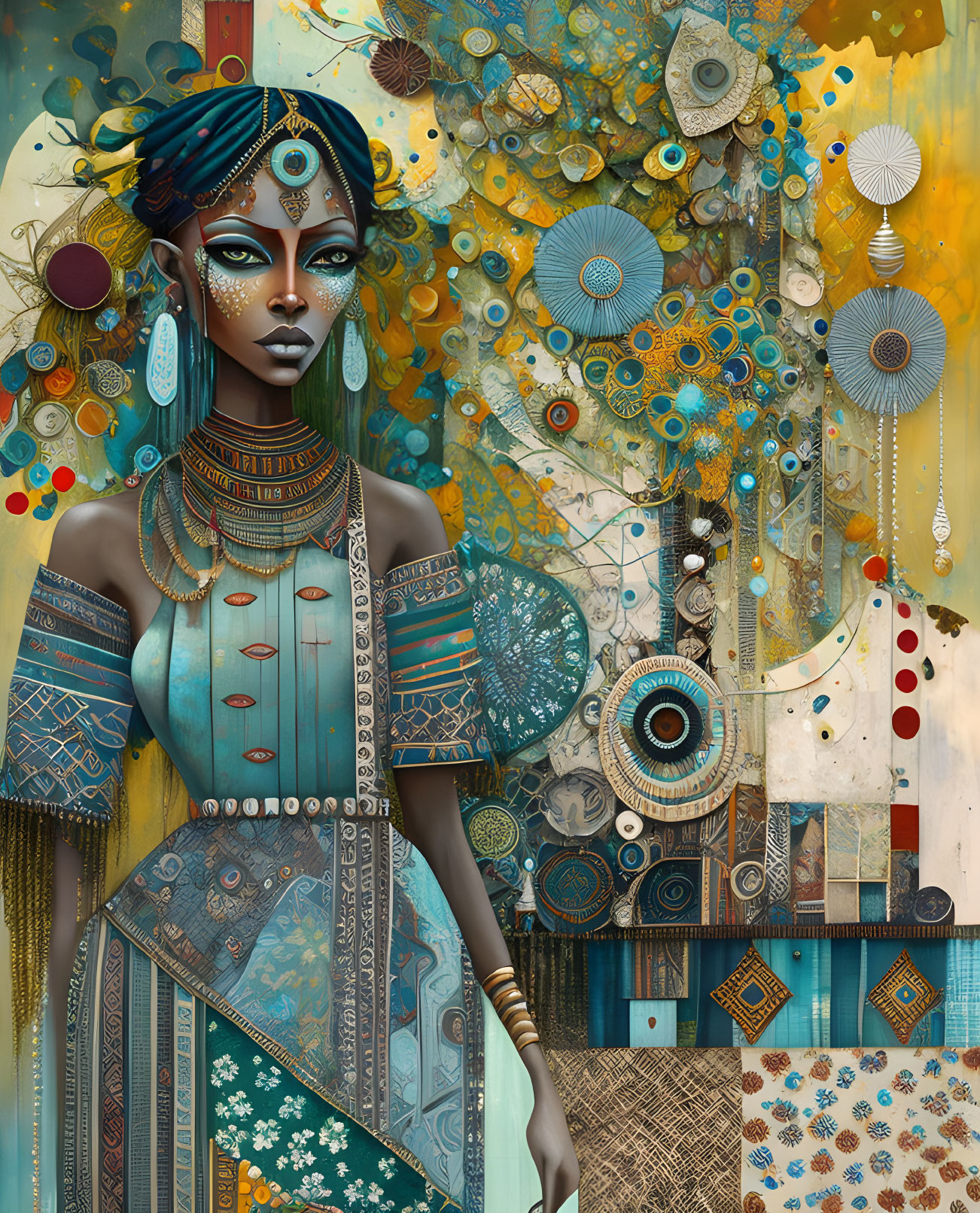 Digital artwork featuring woman adorned with turquoise and gold jewelry on intricate geometric background.