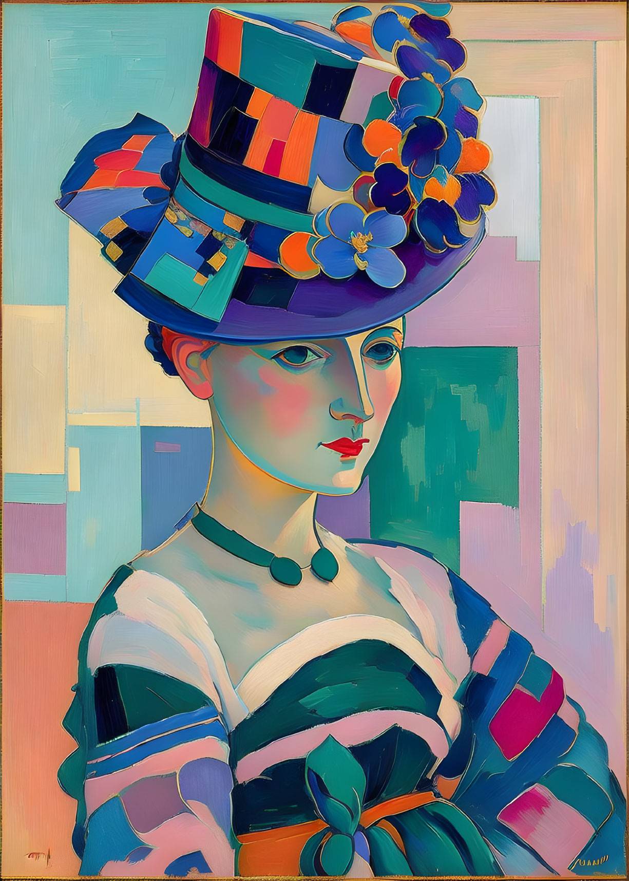 Vibrant painting of woman with floral hat on abstract backdrop