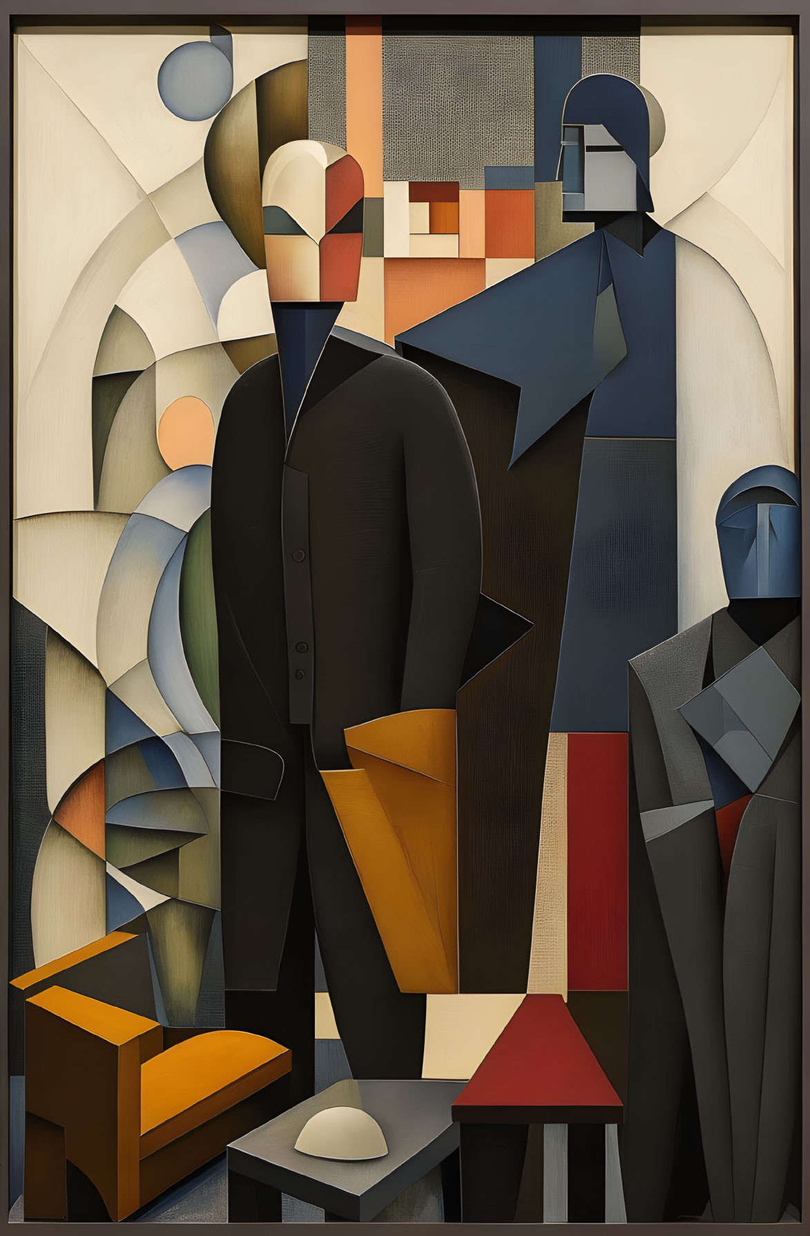 Geometric Cubist painting with three figures and muted colors