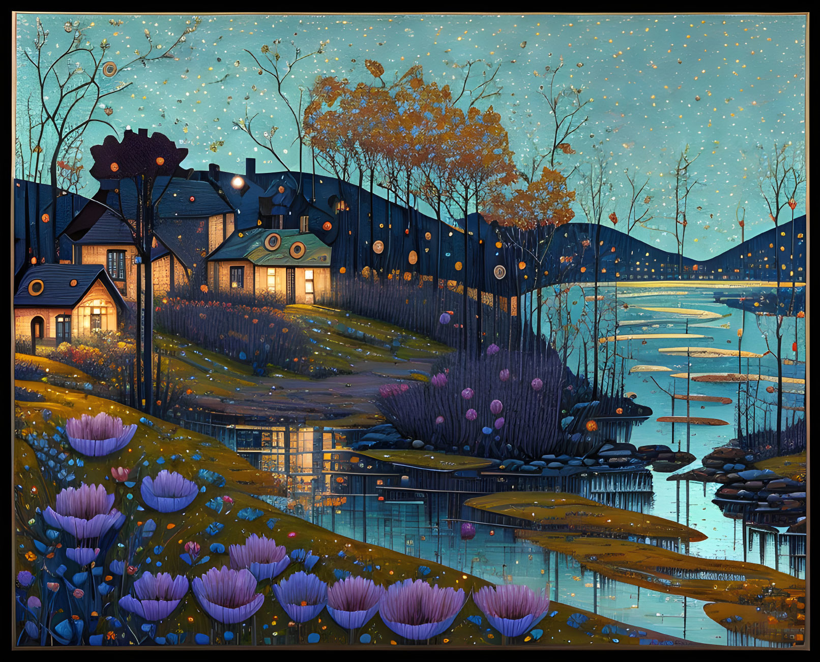 Serene nocturnal landscape with starry sky, lake, flowers, and cottages