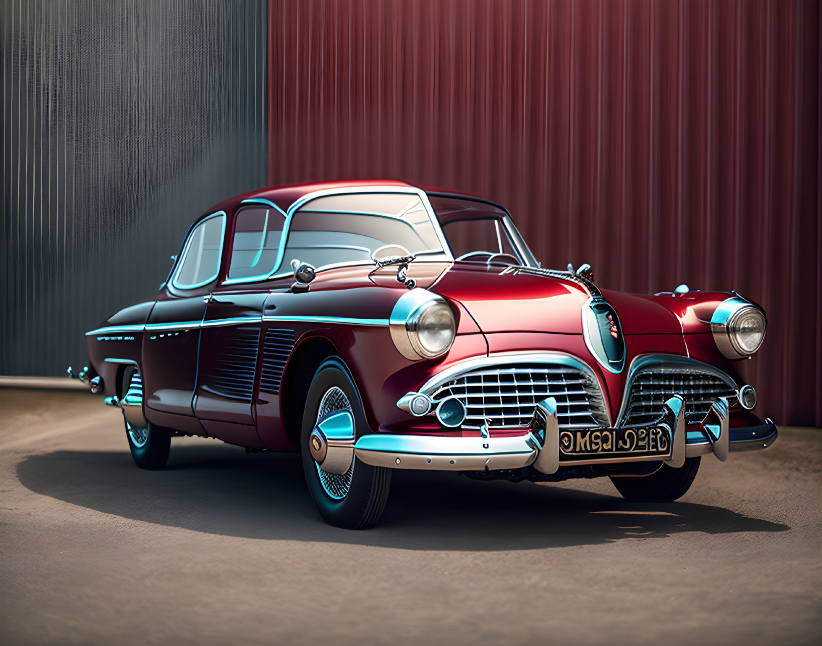 Classic Red Car with White-Wall Tires and Futuristic Design Parked by Metal Siding