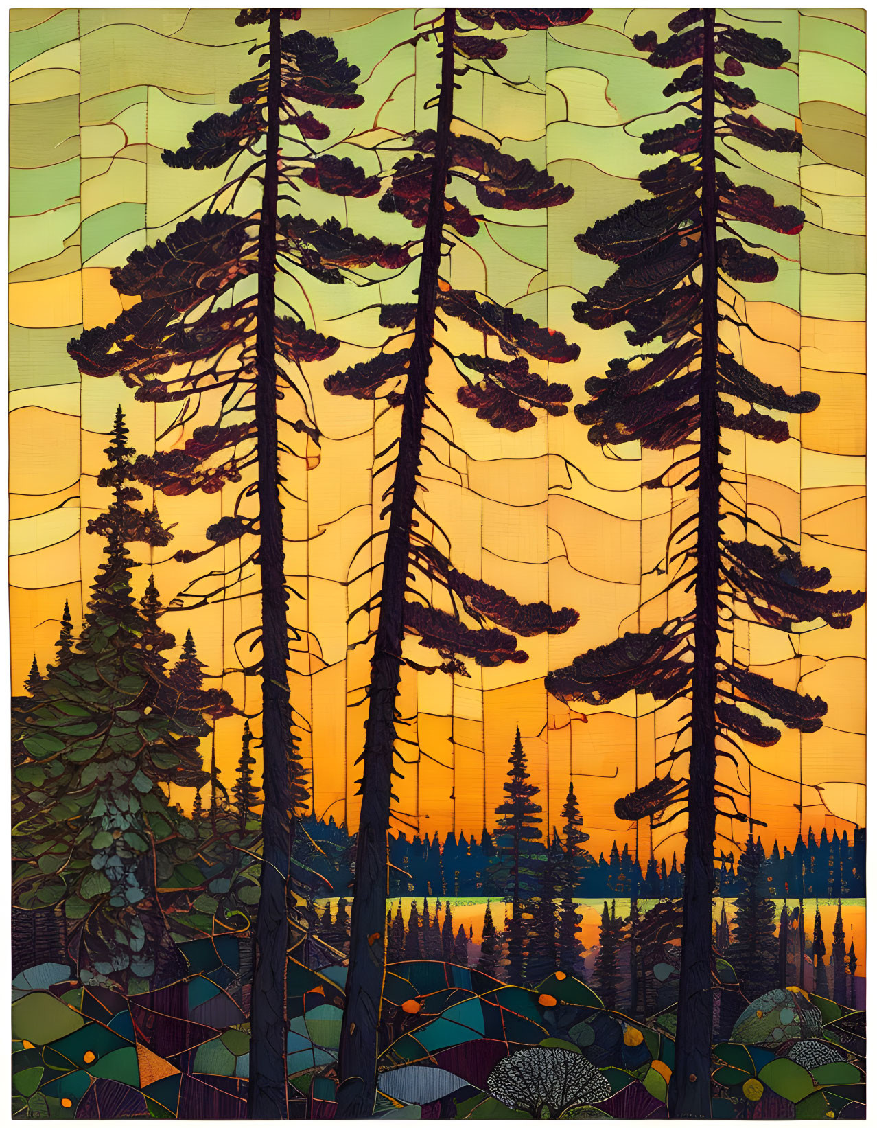 Stylized artwork of tall pine trees against warm gradient sky