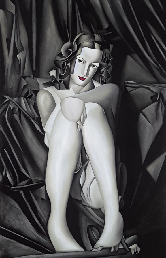 Monochrome Cubist Painting of Seated Woman with Geometric Shapes