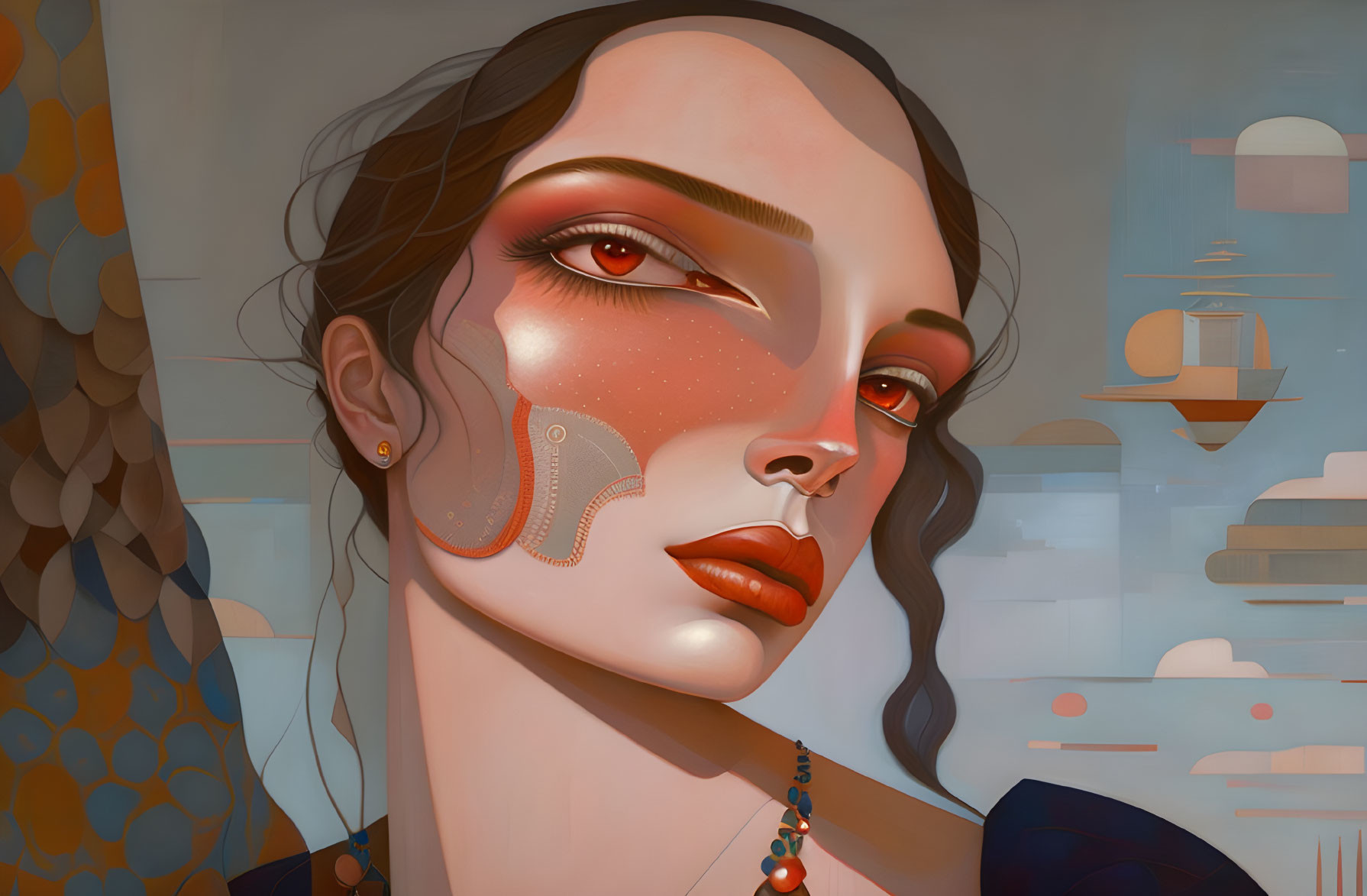 Abstract Woman Illustration: Stylized Makeup & Jewelry, Marine Backdrop with Ships