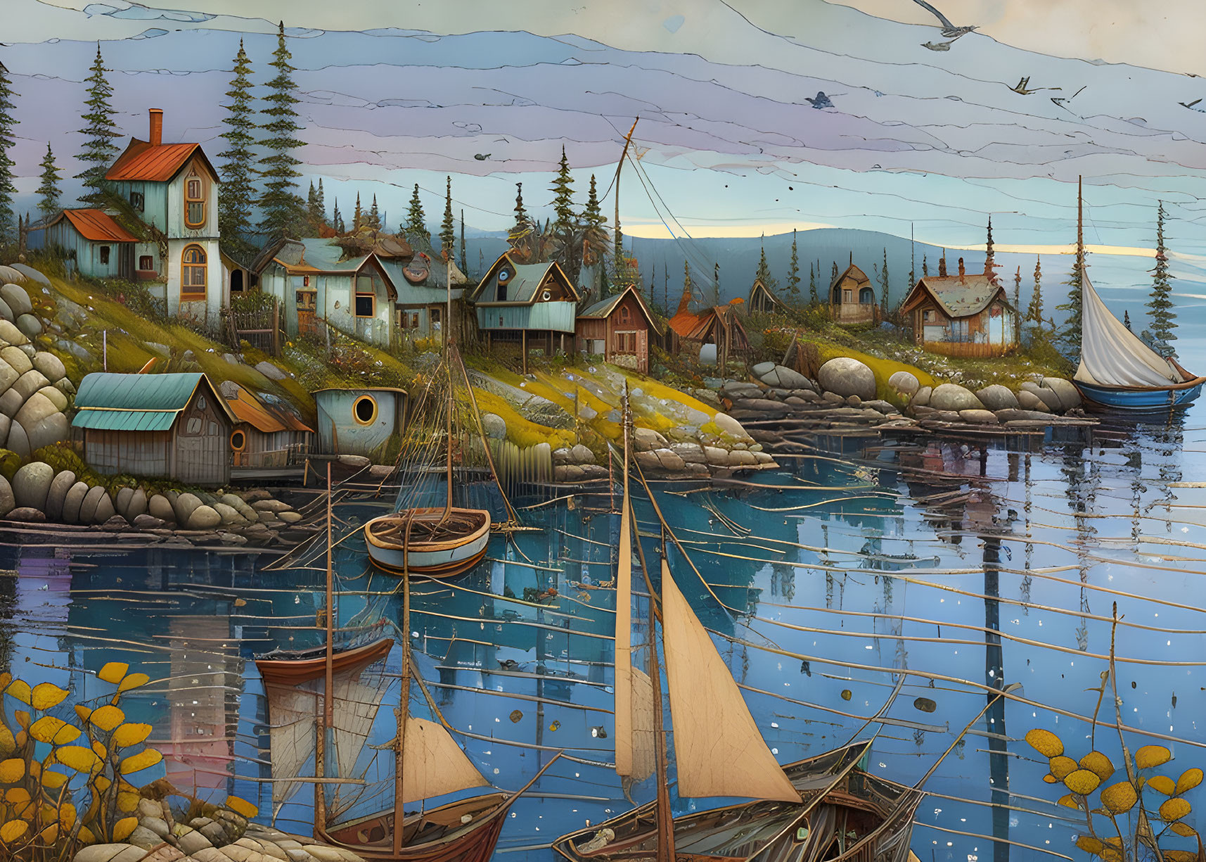 Tranquil coastal village scene with boats, houses, trees, and flying birds