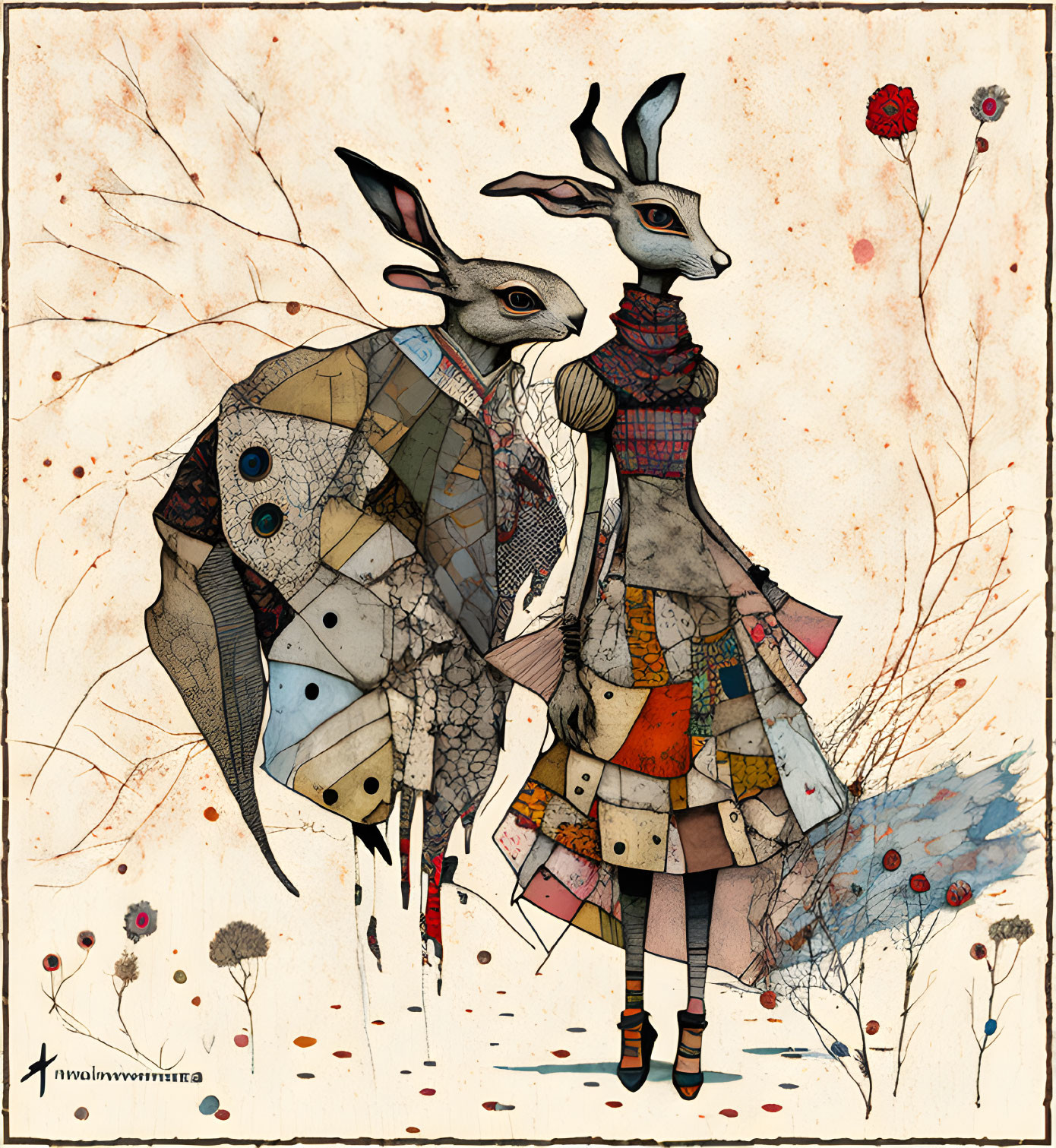 Anthropomorphic rabbits in patchwork attire with whimsical backdrop and red flowers.