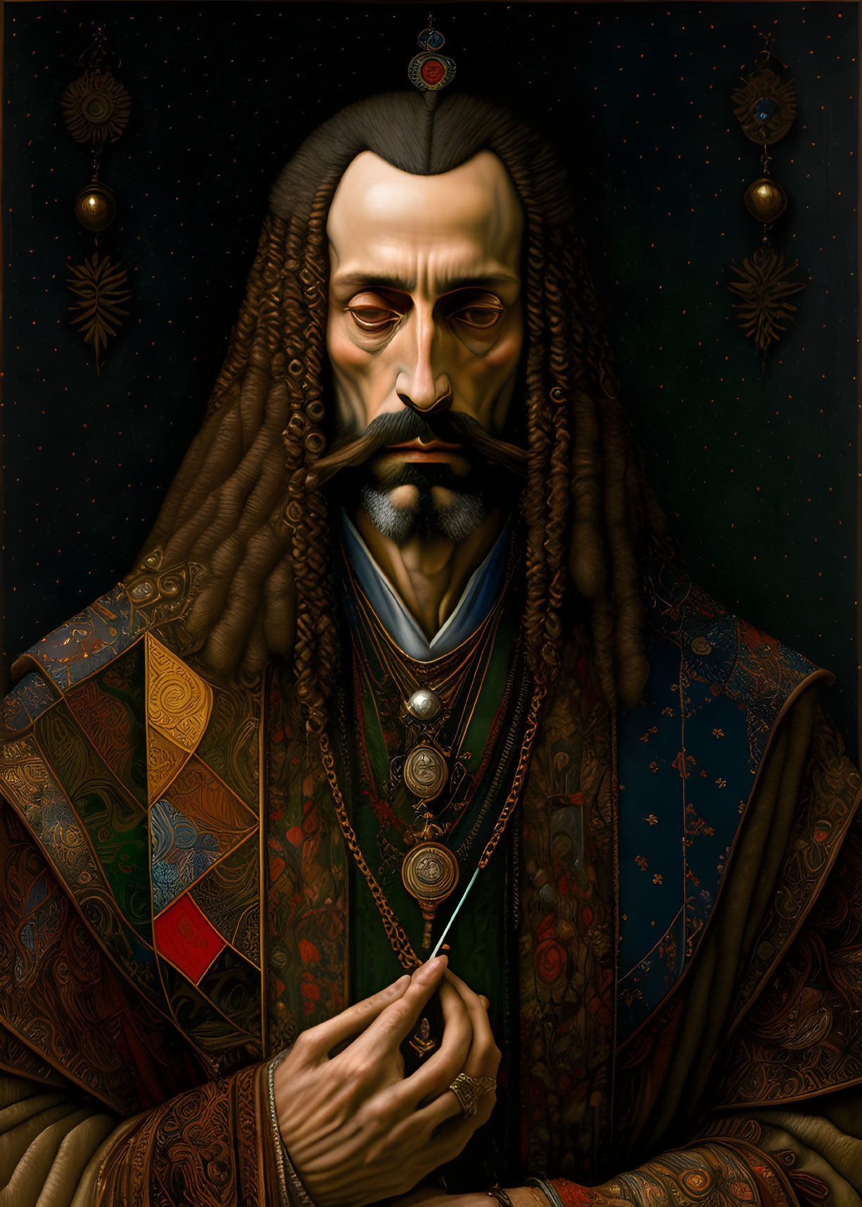 Regal man in traditional attire with long mustache and jewelry on dark background