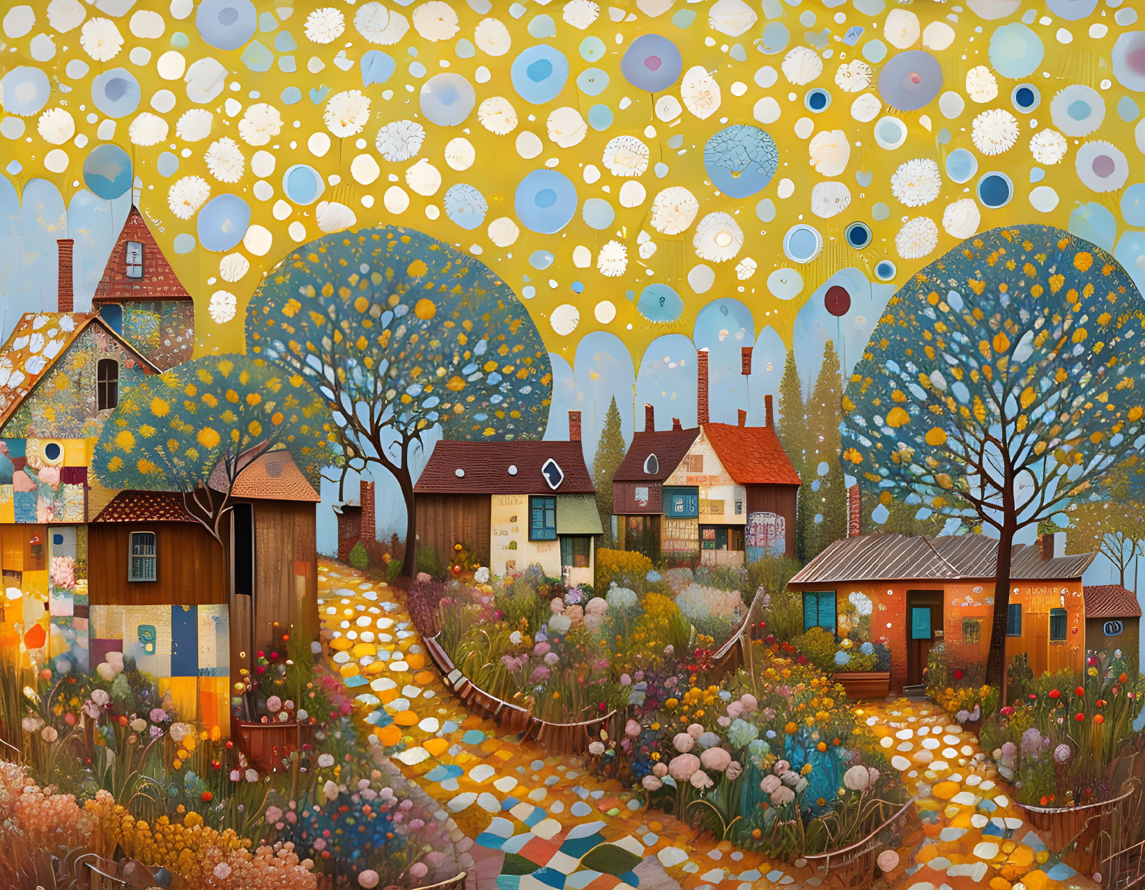 Colorful Whimsical Village with Blooming Trees and Vibrant Path